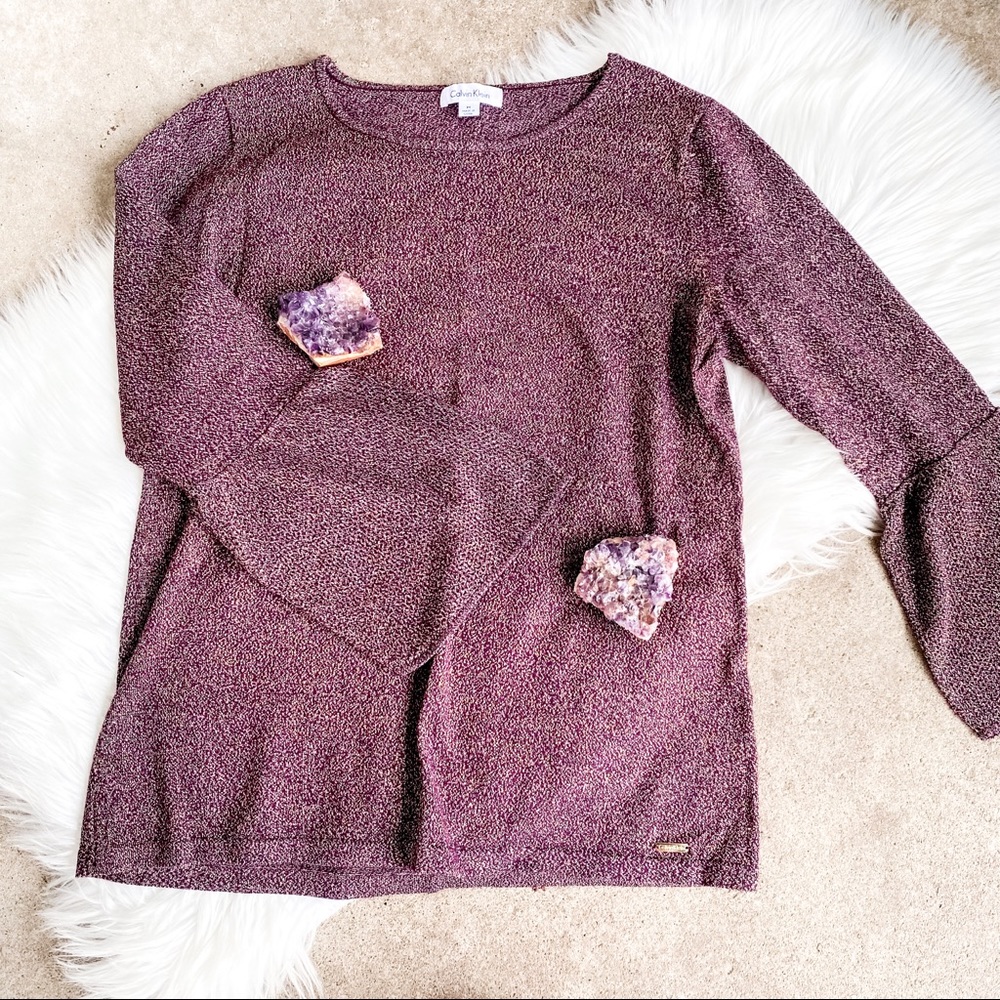 Calvin Klein Burgundy and Gold Trumpet Sleeve Long Sleeve Top